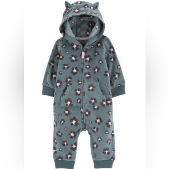 Carter's|Baby girl,toddler fleece turquoise animal leopard print full zip onesie - Picture 1 of 4
